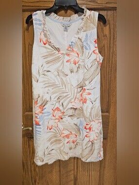 Tommy Bahama White Midi Skirt with Coral Floral & Beige Leaf Print